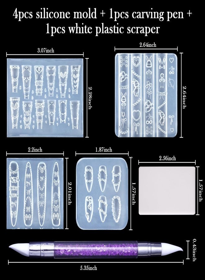 Laza 4pcs Cream Chain Silicone Nail Art Molds, 3D Multiple Shapes Embossed Cream Chain Bowknot Rabbit Charms Nail Accessories with Carving Pen Resin Nail Art Mold Manicure Tools for Manicure Design - Image 3